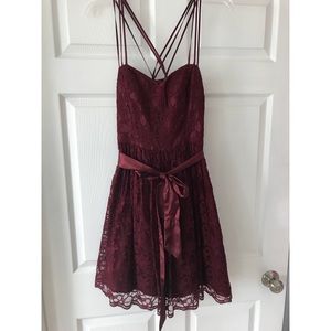 Maroon, Cross-Strap, Lace Dress
